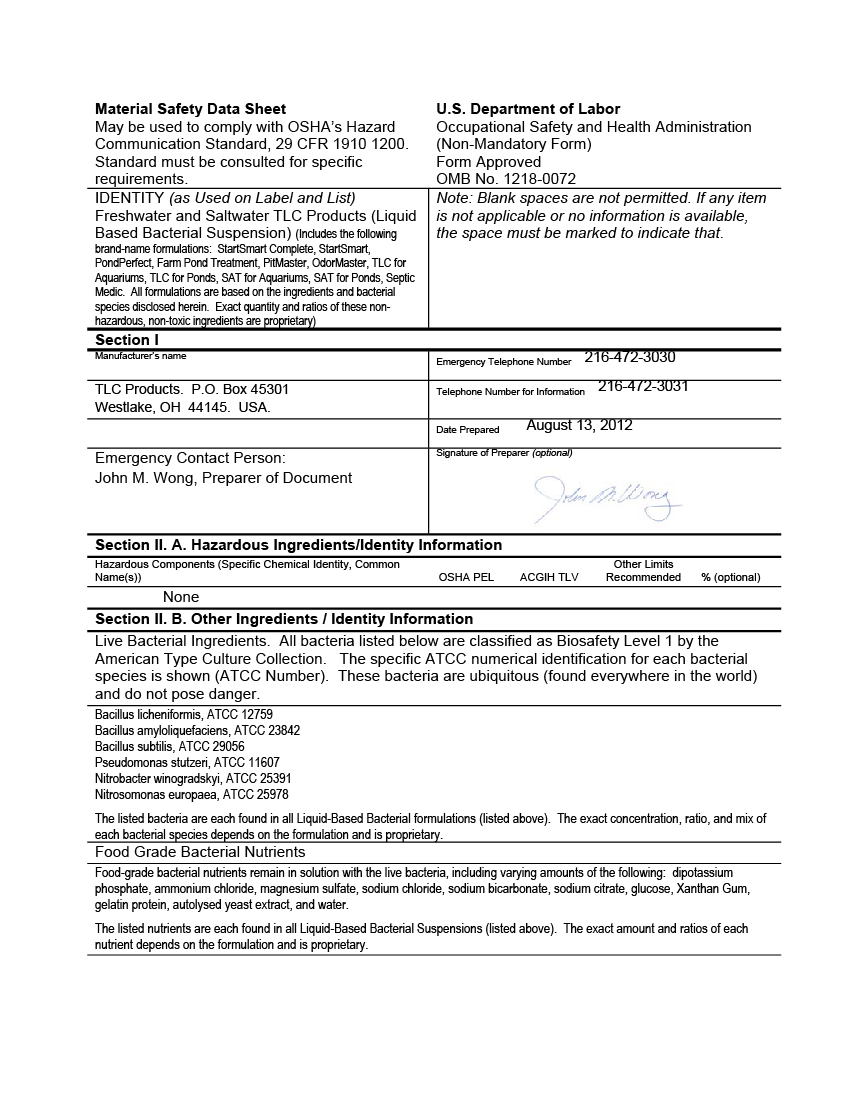 MSDS Sheet – Freshwater and Saltwater Liquid Bacterial Products