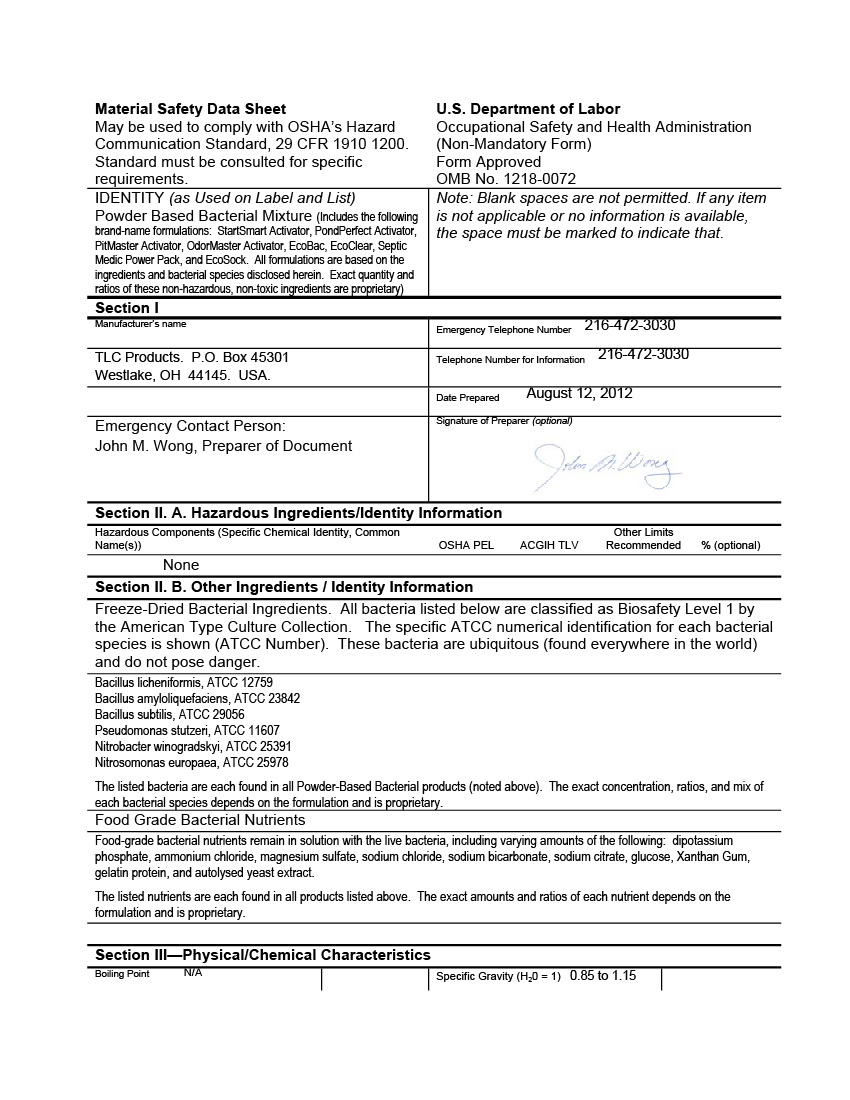 MSDS Sheet – Powder Based Bacterial Products